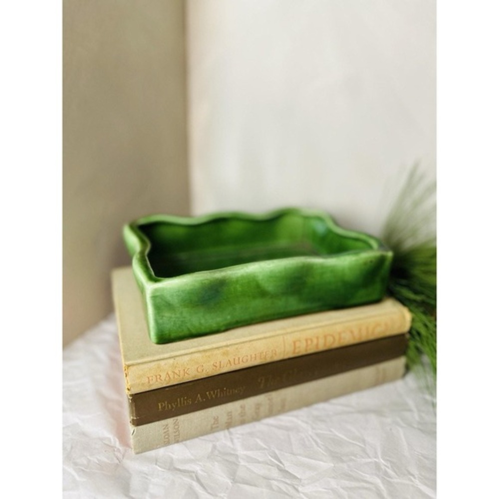MCM Green Pottery Planter McCoy‎ Style Rectangle Wavy Rim 7.75"